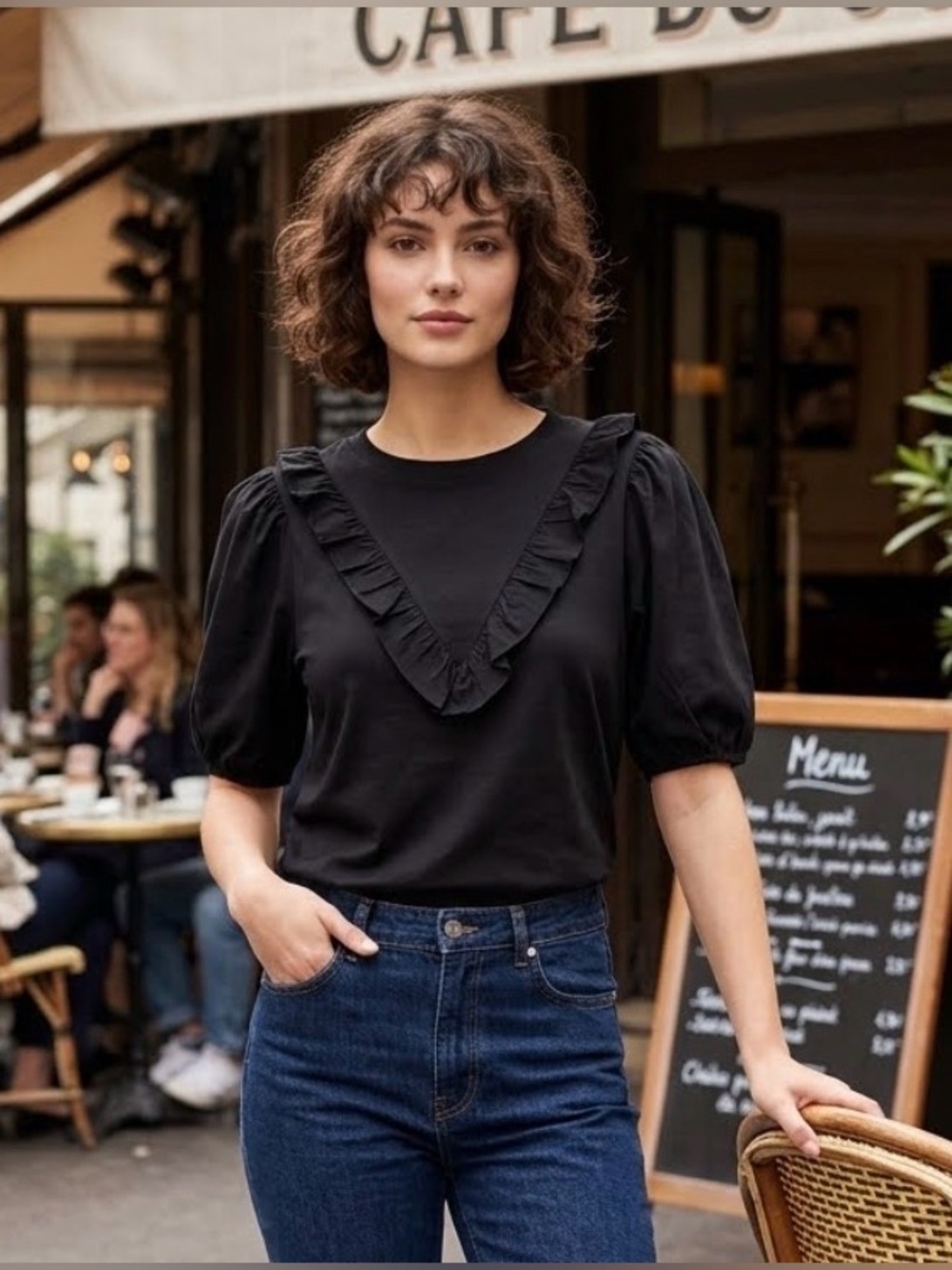 J. Crew Black Puff Sleeve Bib Tee